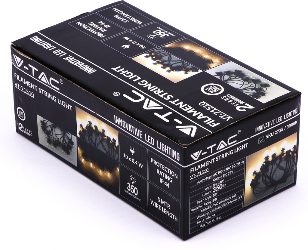 V-tac VT-71510 LED Barbed cable 5 meters with plug, 10x 0.6w LED lamps Suitable for outdoor use IP44