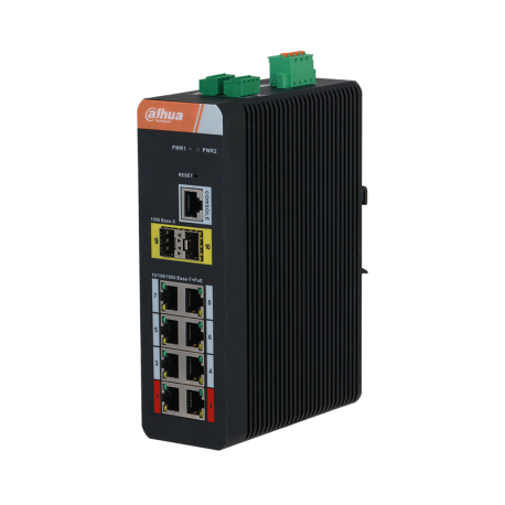 PFS4210-8GT-DP Industriële PoE-switch (L2) met 8 Gigabit-poorten + 2 Gigabit SFP-poorten (ring). Bliksemveilig 6 kV. 48 V~57 V DC. DIN-rail.