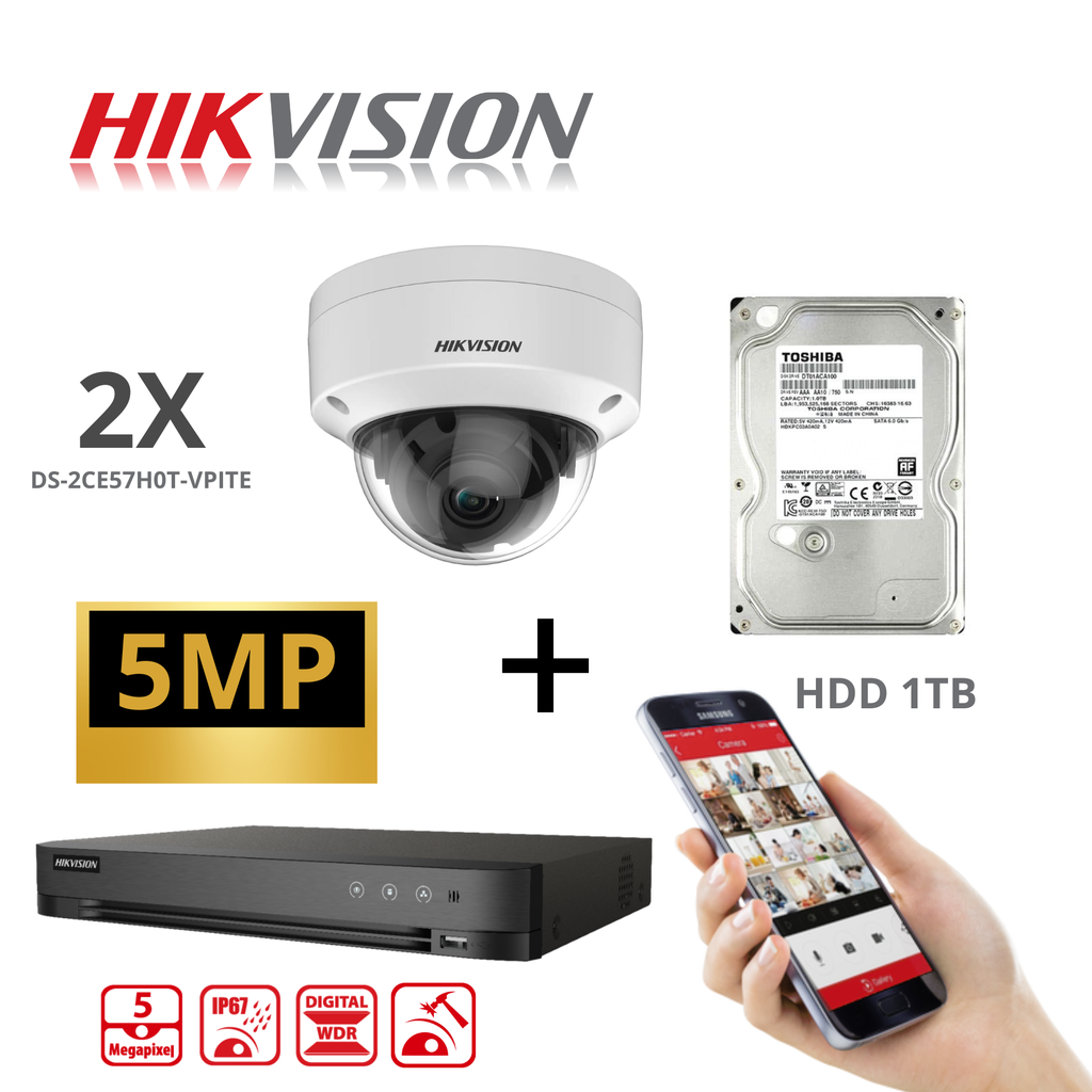 KIT HIKVISION 5 MP HDTVI Full HD 4K DVR 4 ch H.265 + 2x Camera Dome  5MP DS-2CE57HOT-VPIT 2.8mm  + 1TB  HDD