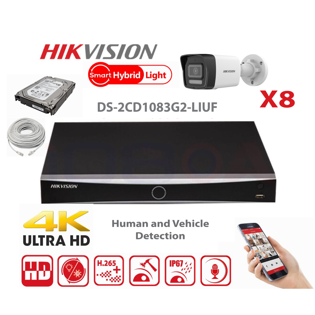 HIKVISION Camera Kit Smart Hybrid G2-serie 8x IP-camera Bullet 8MP - NVR 8x kanaal - harde schijf 4 TB