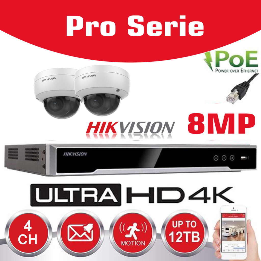 Hikvision IP-Kit 2x Camera 8MP IR / Essential Serie - 2x DS-2CD2183G0-IU Audio Dome Camera IR Standaard 30m - recorder NVR DS-7604NXI-K1/4P 4-kanaals - 2TB harde schijf geïnstalleerd