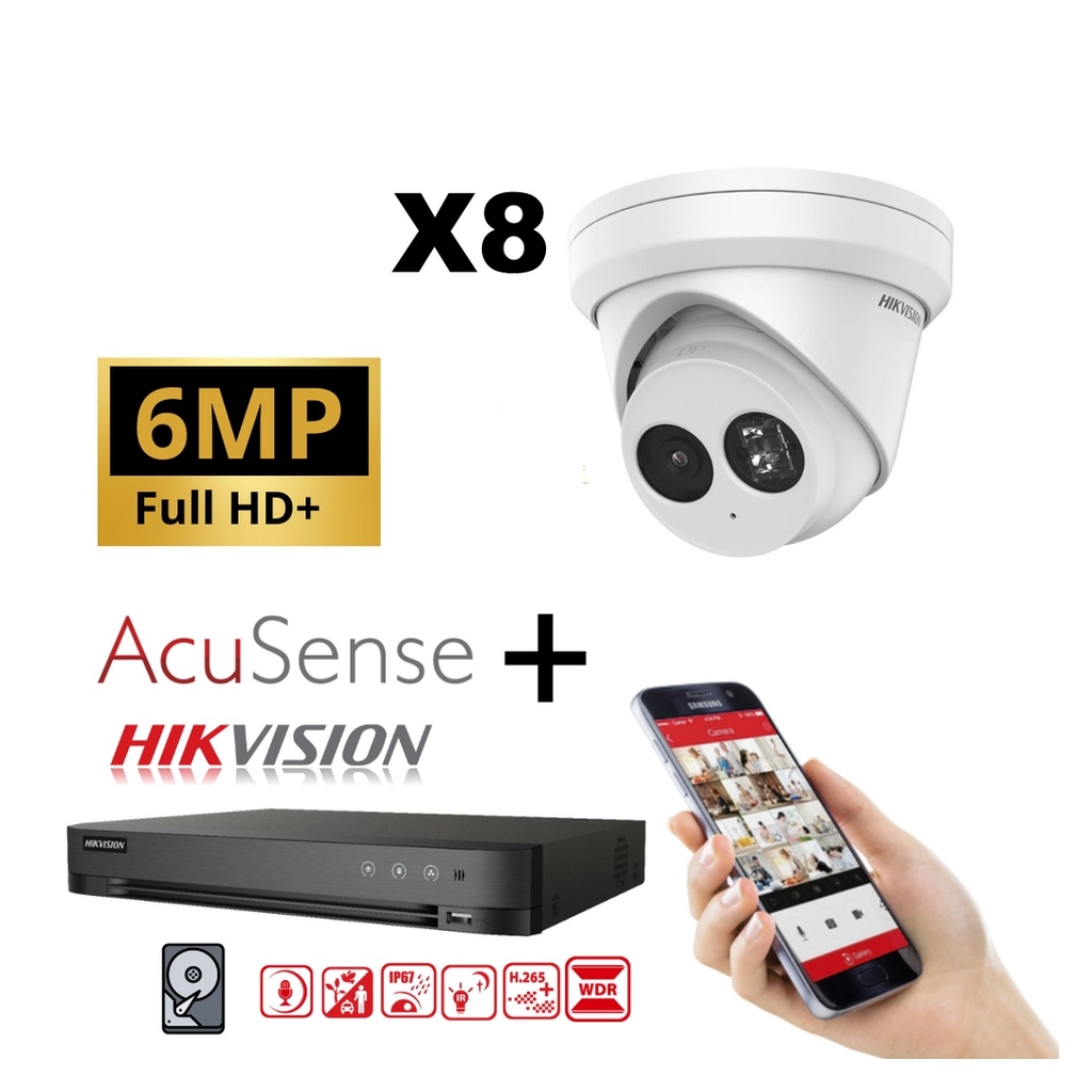 Kit IP Hikvision 8x Caméra 6MP IR / Acusense Série G2 - 8x DS-2CD2363G2-IU Caméra tourelle audio - enregistreur NVR 8 canaux DS-7608NXI-K1/8P - Disque dur 6 To installé