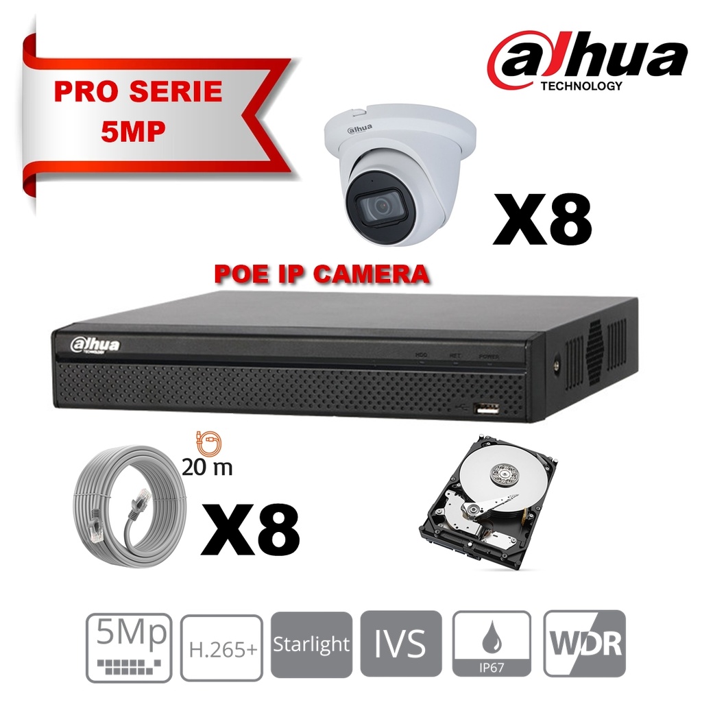 DAHUA Lite Kit Serie IP 5MP 8x Tourelle de caméra fixe 2,8 mm-IR 30 m + 8 canaux POE NVR + Disque dur 4 To spécial surveillance