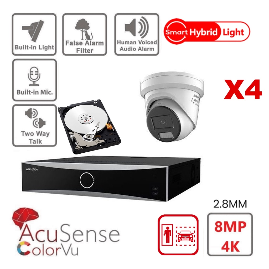HIKVISION Camera Kit Acusense - Smart Hybrid Light with ColorVu Serie -  4x IP Camera Turret 4k-8MP Active strobe light and audio alarm -NVR Acusense NXI Series 8xChannel With POE - Hard Disk 4Tb Extensible To Max 8x IP Camera