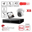  HIKVISION Camera Kit Acusense - Smart Hybrid Light met ColorVu Serie - 8x IP Camera Turret 4k-8MP Actief stroboscooplicht en audio-alarm - NVR Acusense NXI Serie 8x kanaal met POE - Harde schijf 6 TB