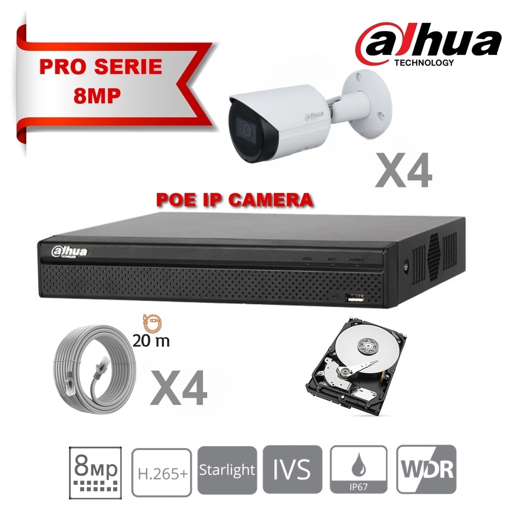 DAHUA Lite Kit Serie IP 8MP 4x Camera Bullet  DH-IPC-HFW2831TP-AS-S2 Fixed 2.8mm-IR 30M  + 8 Channels POE NVR + 2Tb Hard Disk Special Surveillance