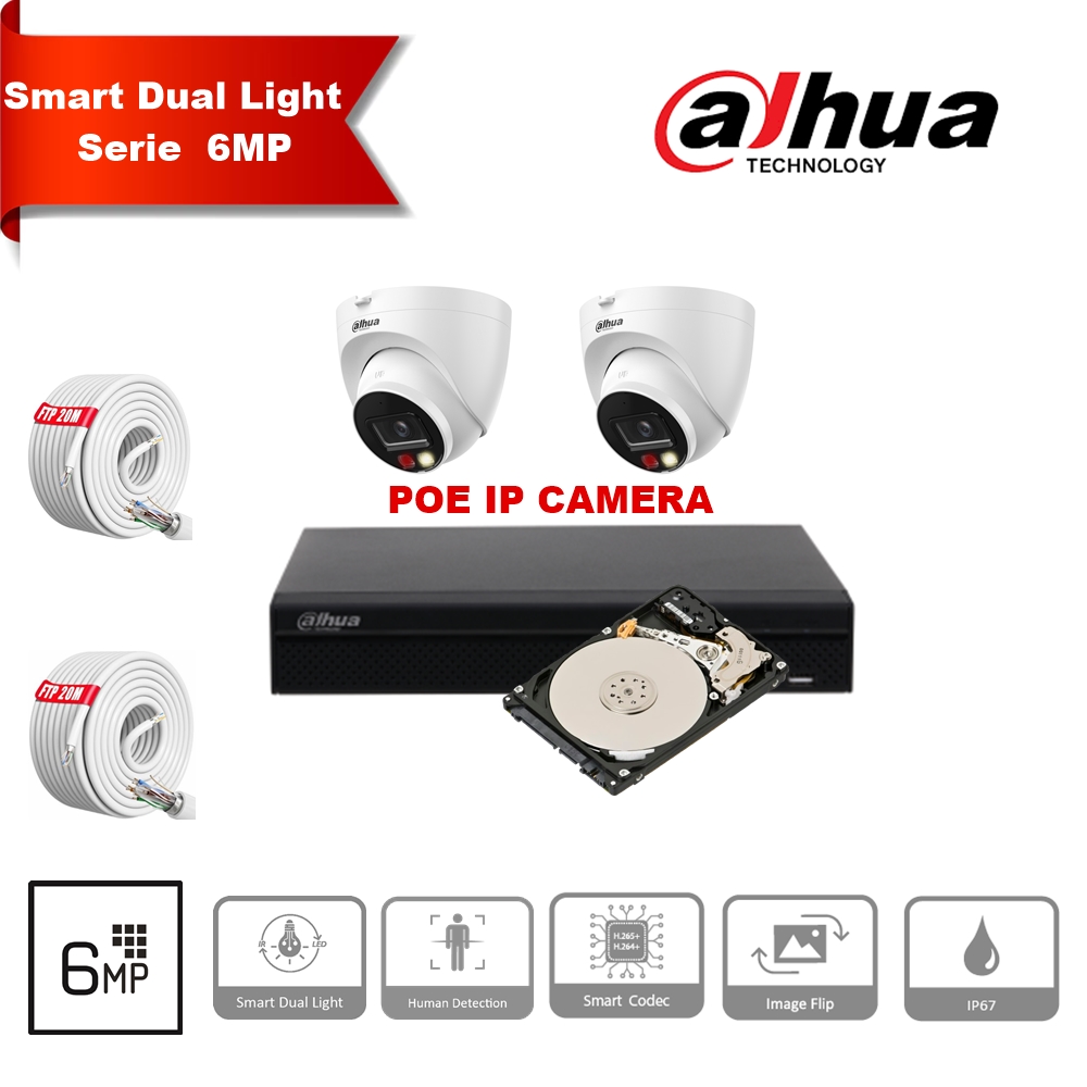Kit caméra IP DAHUA Smart Dual Light Series 30 m - 2 caméras 6 mégapixels 2,8 mm + NVR POE 8 canaux + 2 To max. 8x caméras