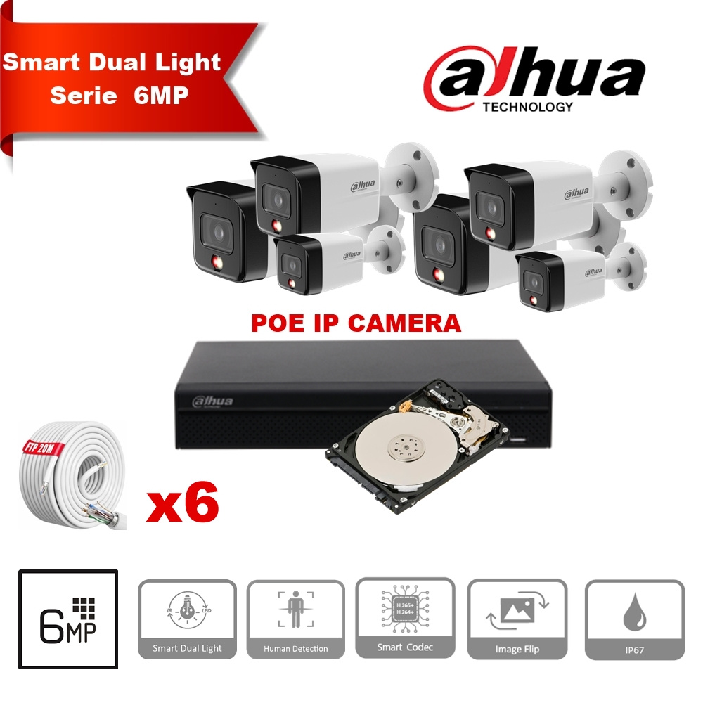 Kit de caméras IP DAHUA Smart Dual Light Series 30 m : 6 caméras Bullet 6 mégapixels 2,8 mm + 8 canaux POE NVR + 2 To max. 8 caméras
