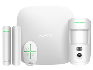 Ajax Starterkit Cam, Wit. De kit bestaat uit de Ajax Hub 2, Ajax MotionCam-detector, Ajax DoorProtect-openingsdetector en Ajax SpaceControl-sleutelhanger.