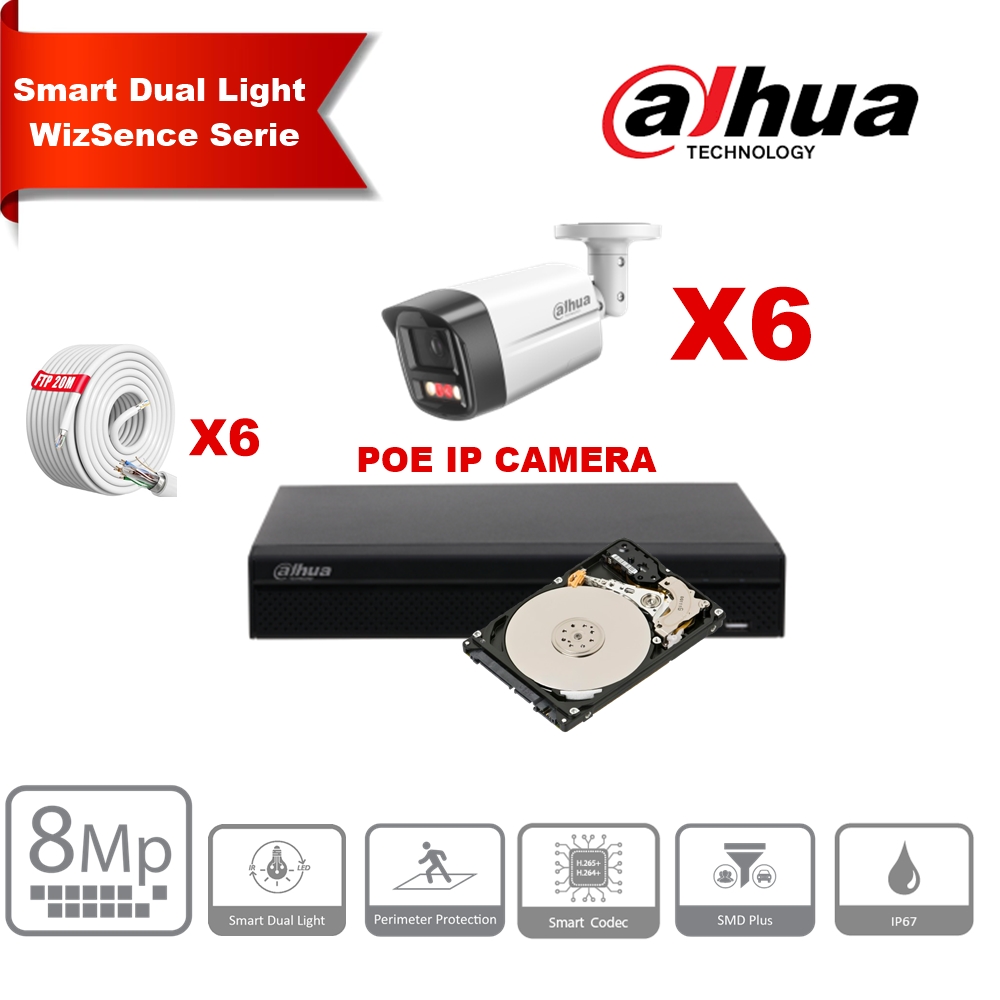 Kit de caméras IP DAHUA Smart Dual Light WizSense   Series 30 m - 6 caméras Bullet 8 mégapixels 2,8 mm + NVR POE 8 canaux + 4To max. 8 caméras  