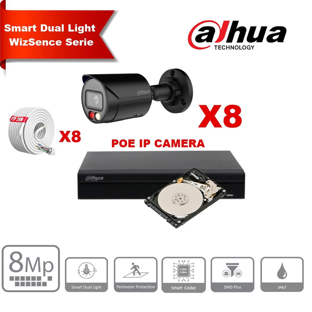 DAHUA Smart Dual Light WizSense-serie  30m IP-camerakit - 8x 8 megapixel 2,8 mm camerabullet Zwart+ 8 kanalen POE NVR + 4 TB 