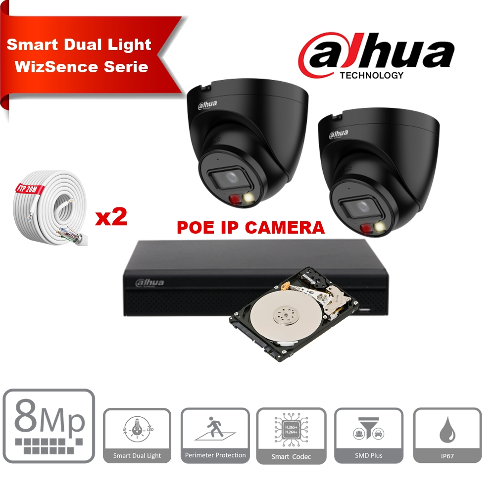 Kit de caméras IP DAHUA Smart Dual Light WizSense  Series 30 m - 2 caméras Turret 8 mégapixels 2,8 mm NOIR+ NVR POE 8 canaux + 2 To max. 8 caméras  