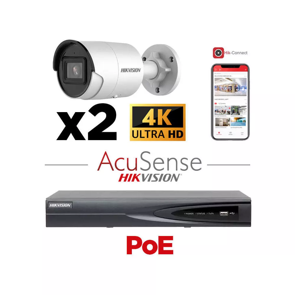 HIKVISION Camera Kit Acusense - Smart Hybrid Light met ColorVu Serie - 2x IP-camera Bullet 4k-8MP Actief stroboscooplicht en audio-alarm - NVR Acusense NXI Serie 8x kanaal met POE - Harde schijf 4 TB Uitbreidbaar tot maximaal 4x IP-camera