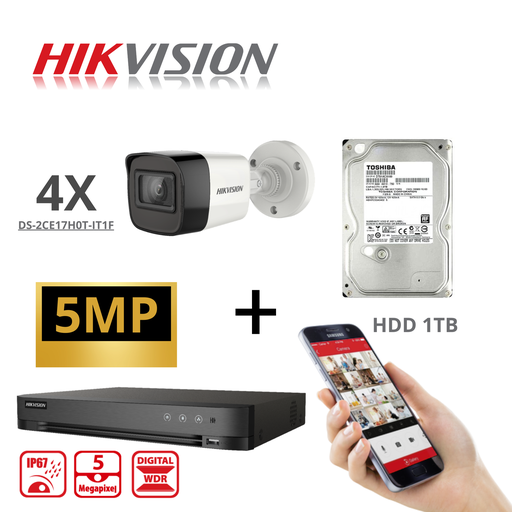HIKVISION Set Turbo-HD 5 MP 4x Camera - DVR 8 Kanaal - 4x 5MP Bullet Camera Binnen/Buiten 2TB HDD
