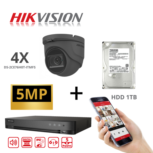 Caméra HIKVISION Turbo-HD 5 MP 4x - DVR 4 canaux - 4x 5MP Audio Tourelle Caméra Noir Intérieur/Extérieur 1 To Disque dur
