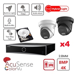 HIKVISION Camera Kit Acusense - Smart Hybrid Light with ColorVu Serie -  4x IP Camera Turret 4k-8MP Active strobe light and audio alarm -NVR Acusense NXI Series 8xChannel With POE - Hard Disk 4Tb Extensible To Max 8x IP Camera