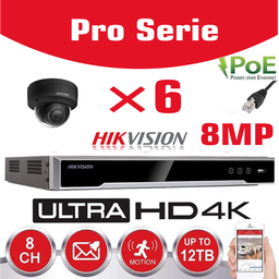 [IPHK-BE-86D-BK] Kit IP Hikvision 6 caméras 8 MP IR / Série Essential - 6 caméras dôme DS-2CD2183G0-IS IR standard 30 m - enregistreur NVR DS-7608NXI-K1/8P 8 canaux - Disque dur 4 To installé