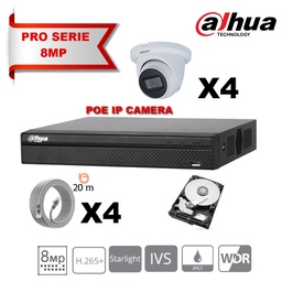 [IPDH-LT8M-4T] DAHUA Lite Kit Serie IP 8MP  4x Camera Turret Vast 2.8mm-IR 30M + 8 Kanalen POE NVR + 4TB harde schijf speciale bewaking