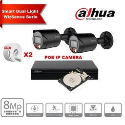 [IPDH-DLW2BB-8M] DAHUA Smart Dual Light WizSense-serie  30m IP-camerakit - 2x 8 megapixel 2,8 mm camerabullet Zwart+ 8 kanalen POE NVR + 2 TB max. 8x camera