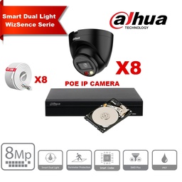 [IPDH-DLW8TB-8M] DAHUA Smart Dual Light WizSense Series 30m IP Camera Kit - 8x 8 Megapixel 2.8mm Camera Turret  Black+ 8 Channels POE NVR + 4TB  