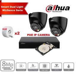 [IPDH-DLW2TB-8M] DAHUA Smart Dual Light WizSense Series 30m IP Camera Kit - 2x 8 Megapixel 2.8mm Camera Turret Black + 8 Channels POE NVR + 2TB Max 8x Camera 